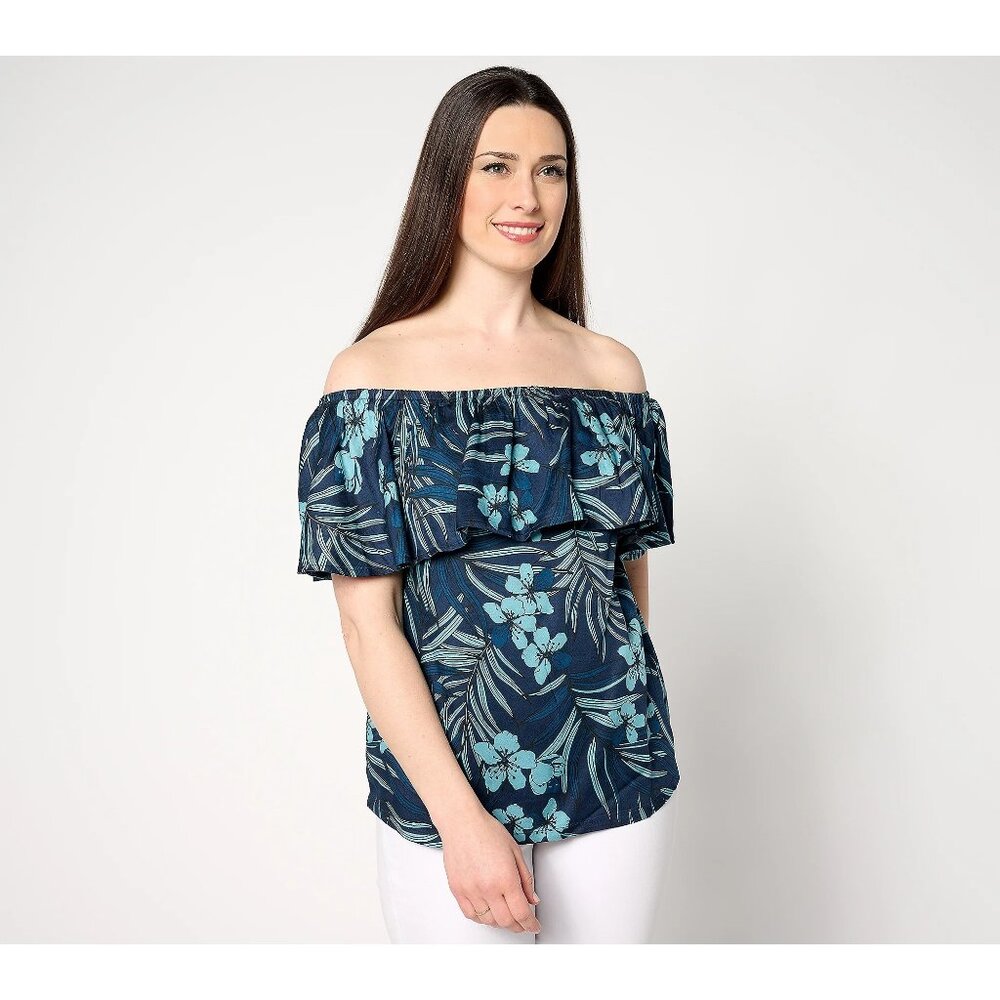 AnyBody Top Size Medium Printed Off The Shoulder Ruffle Woven Deep Teal Bohemian